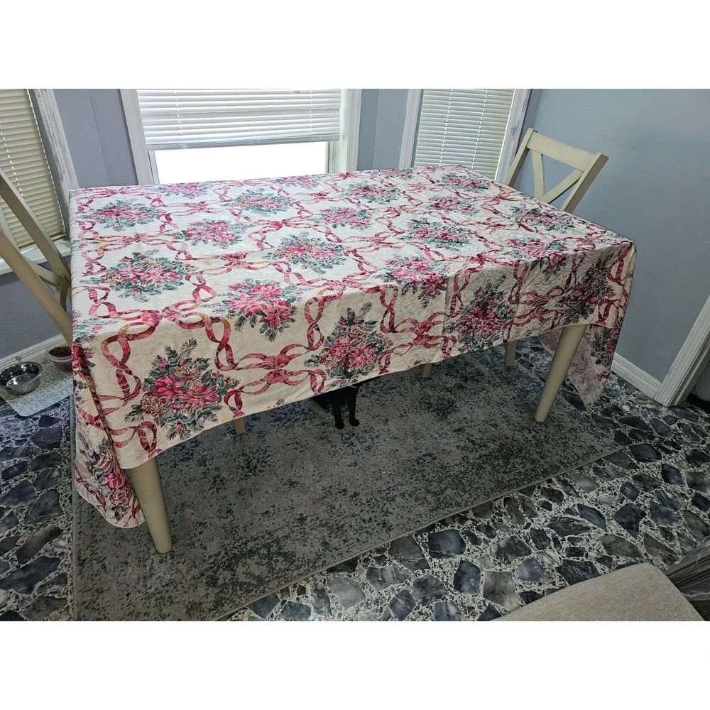 Vintage Christmas Poinsettia Ribbon Jacquard Tablecloth Rectangle 98x59 Holiday
